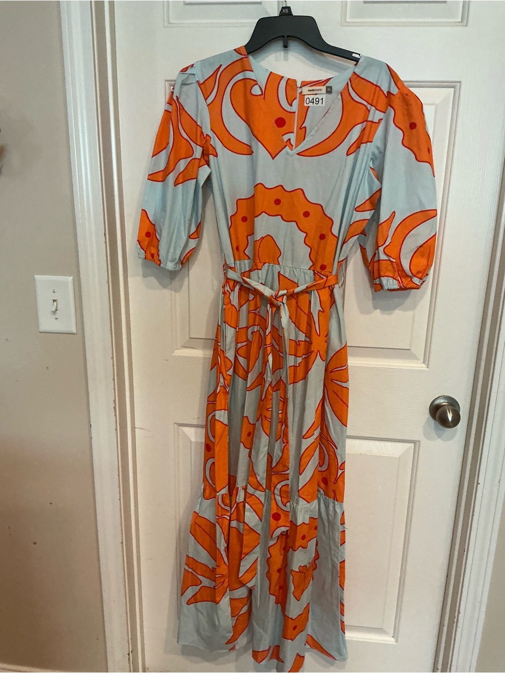 Abstract Orange & Light Gray Maxi Dress with Tie Waist